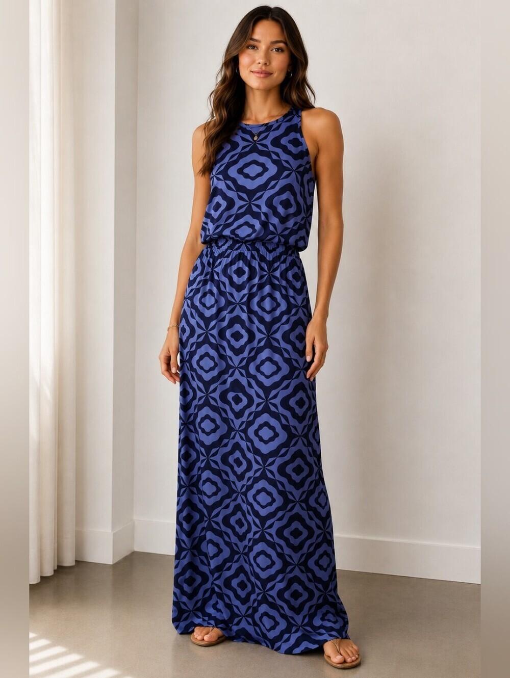 Tori Richard Blue Black Geometric Racerback Maxi Dress Size S